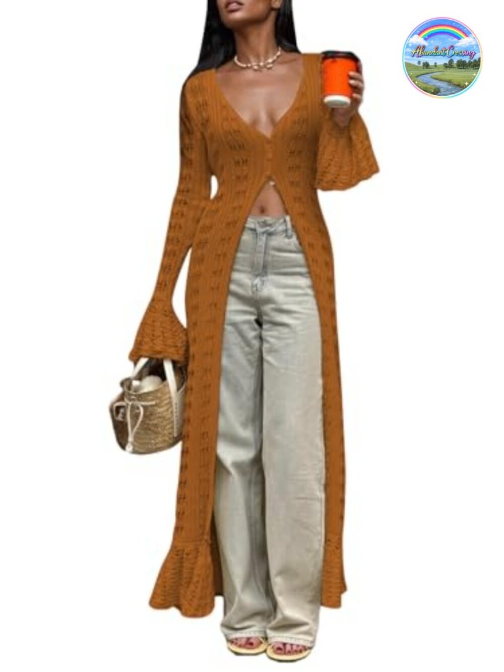Long Cardigan for Women Crochet Hollow Out Knit Sweater Duster Cardigan Sheer